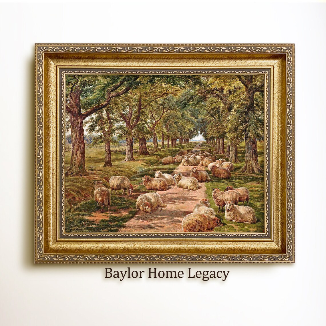 Flock Of Sheep On Tree Lined Country Path Vintage Pastoral Art Poster