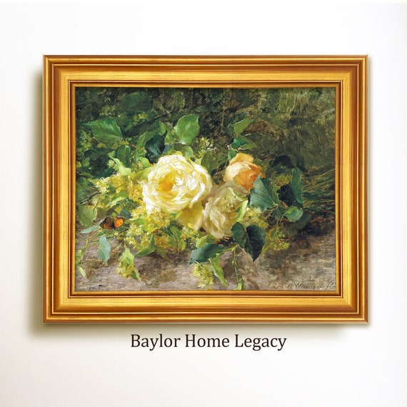 Framed Still Life Of Yellow Roses Oil Painting Print Framed Bouquet Of Yellow Roses With A Butterfly