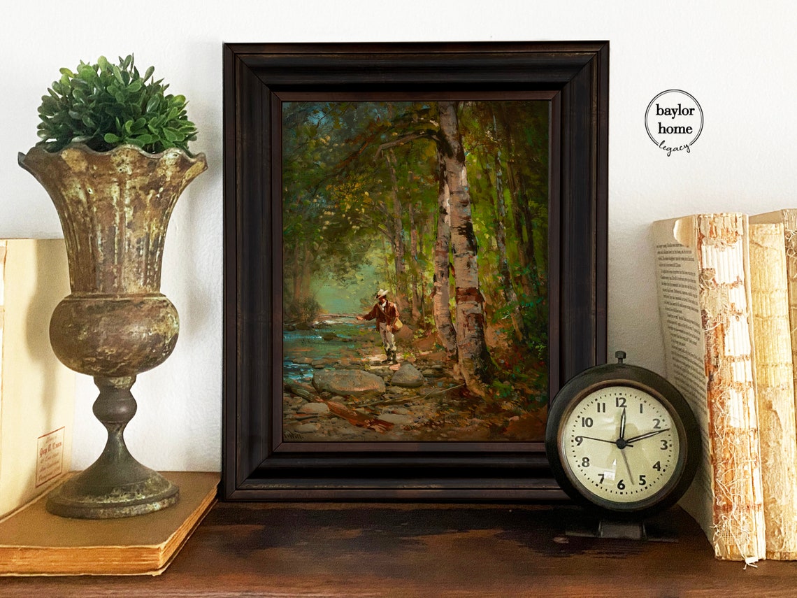 Framed Fisherman Painting Fisherman In Stream Oil Painting Print On Vintage Fishing Artwork - Image 4