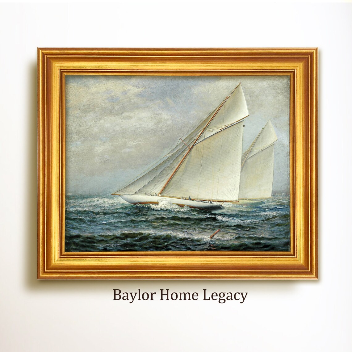 Sailboat Oil Painting Print, Vintage Nautical Racing