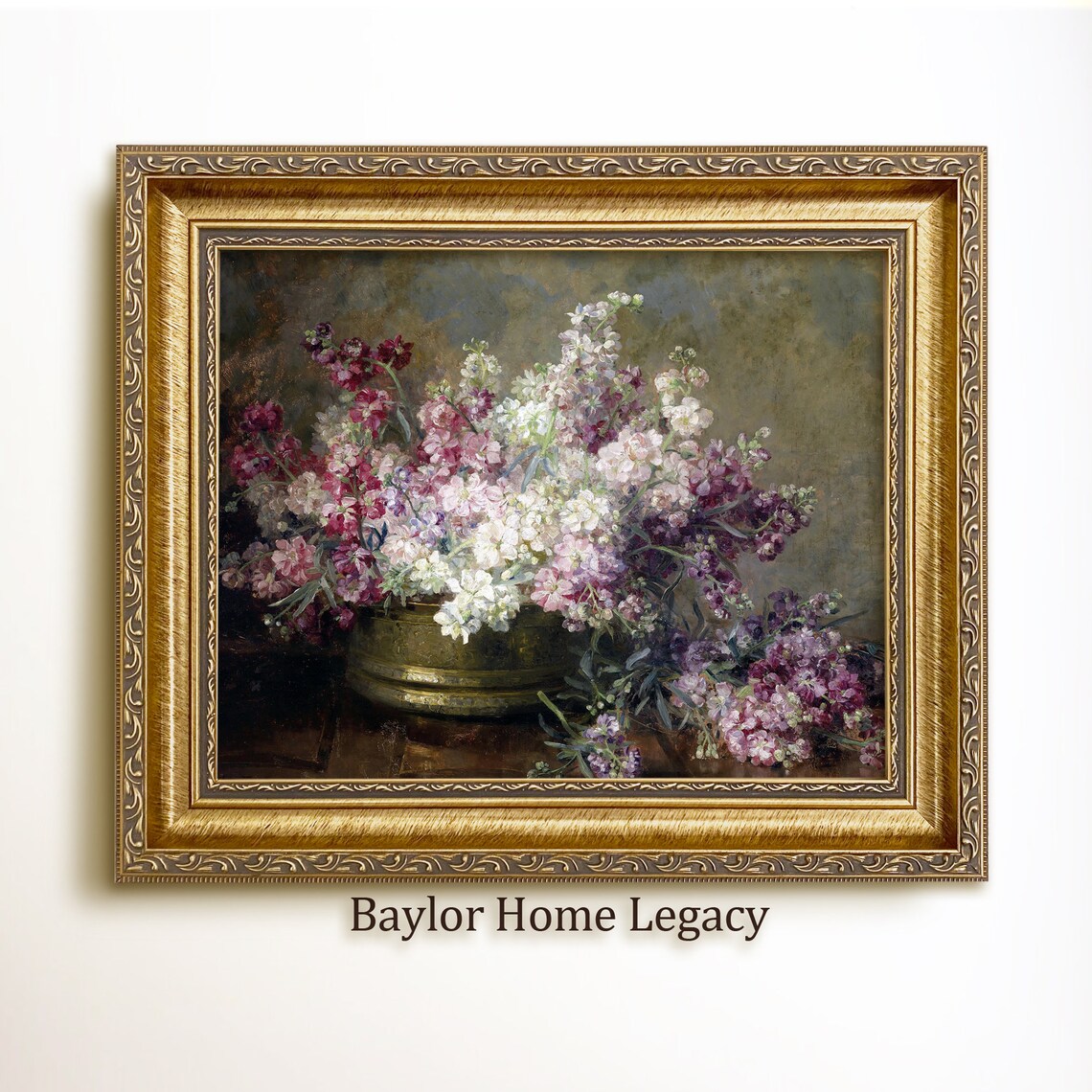 Vintage Floral Still Life, White and Purple Flowers Art Print