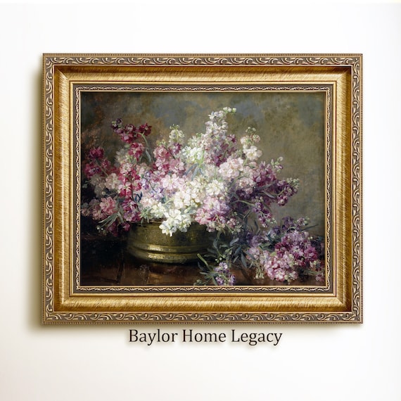 Vintage Floral Still Life, White and Purple Flowers Art Print