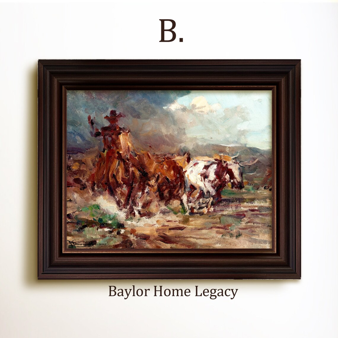 Cowboy On A Cattle Drive Vintage Oil Painting Art Print - Image 4