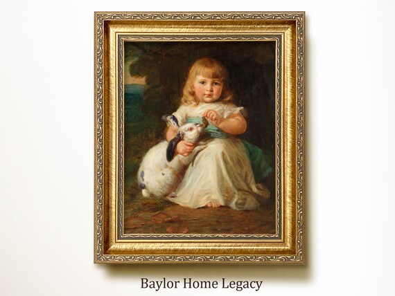 Young Girl Holding a White Rabbit Vintage Child Portrait Painting Art Poster