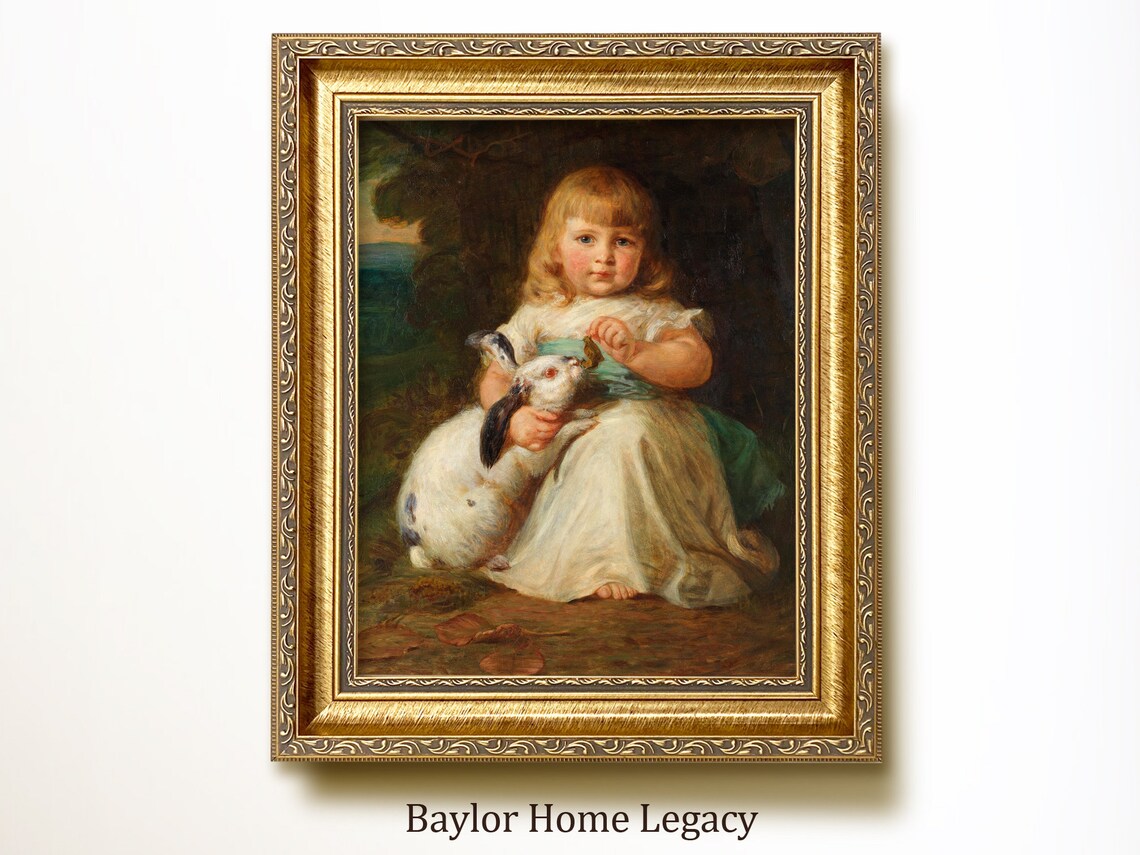 Young Girl Holding a White Rabbit Vintage Child Portrait Painting Art Poster
