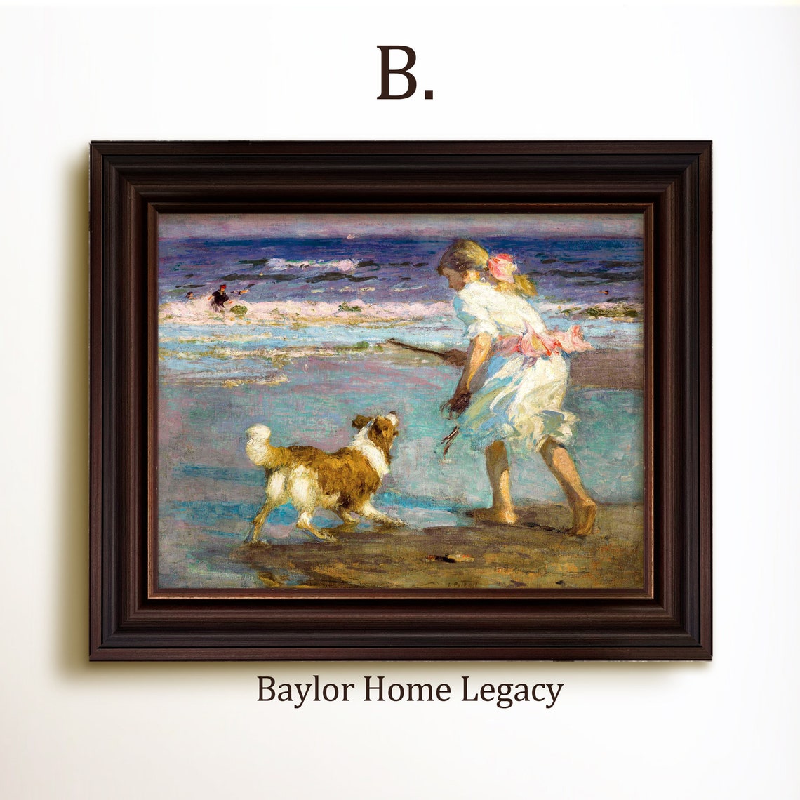 Framed Girl Playing Fetch With Her Dog On The Beach Nautical Print On Of An Antique Oil Painting Vintage Kid And Dog Artwork - Image 4