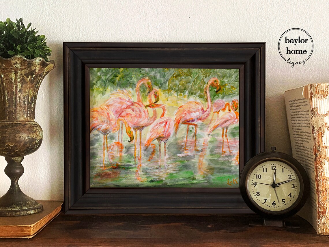Pink Flamingos Wading In Shallow Water Tropical Watercolor Bird Poster - Image 4
