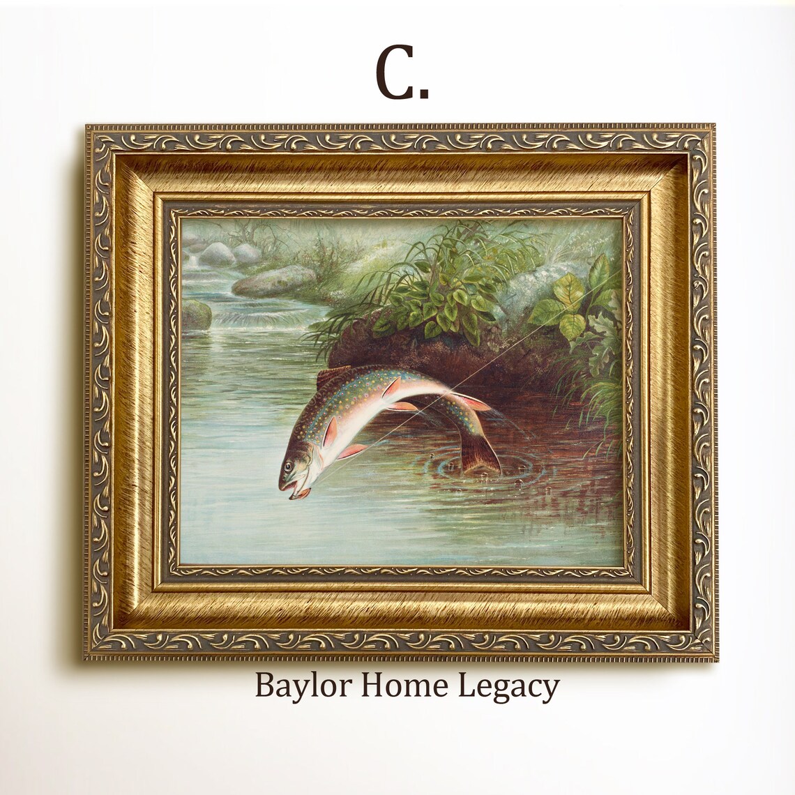 Rainbow Trout Leaping Stream Fishing Scene Vintage Painting Art Print - Image 3