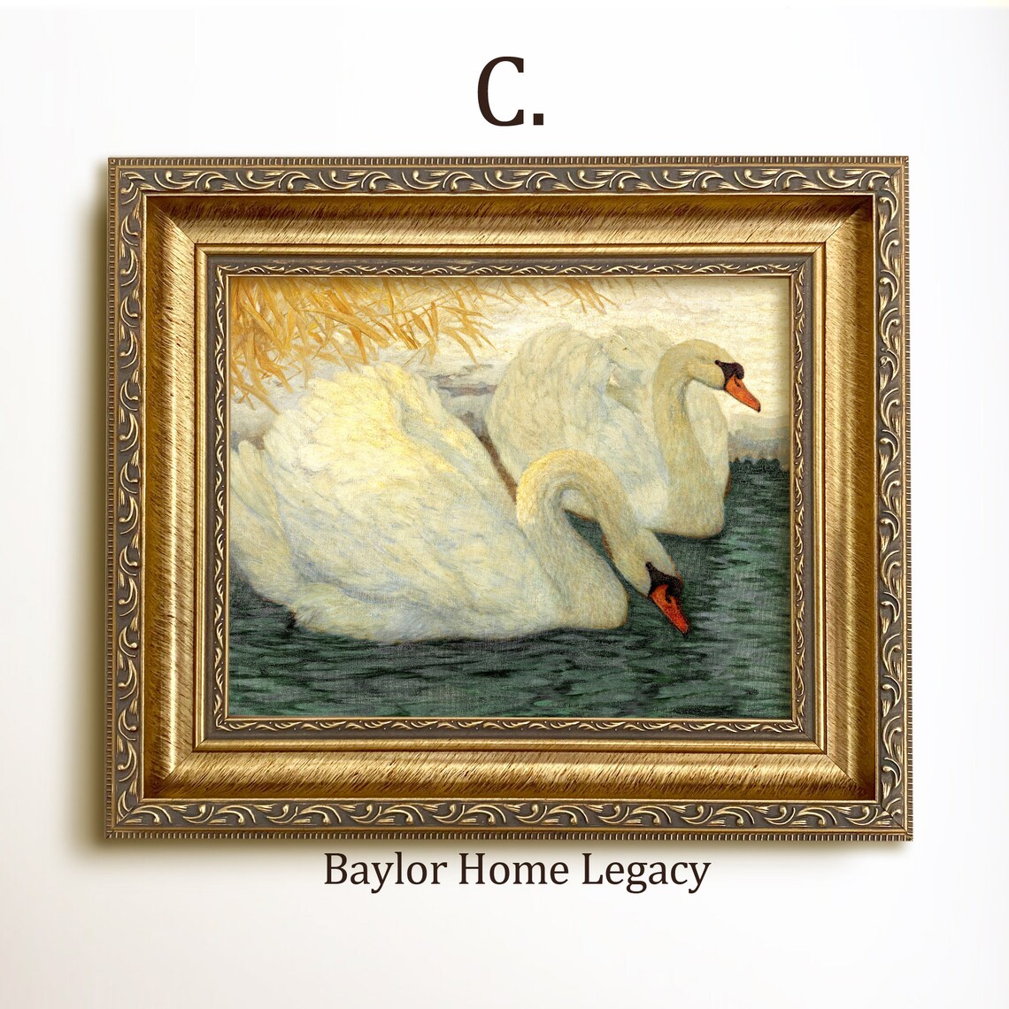 White Swans Vintage Pair Oil Painting Art Print - Image 3