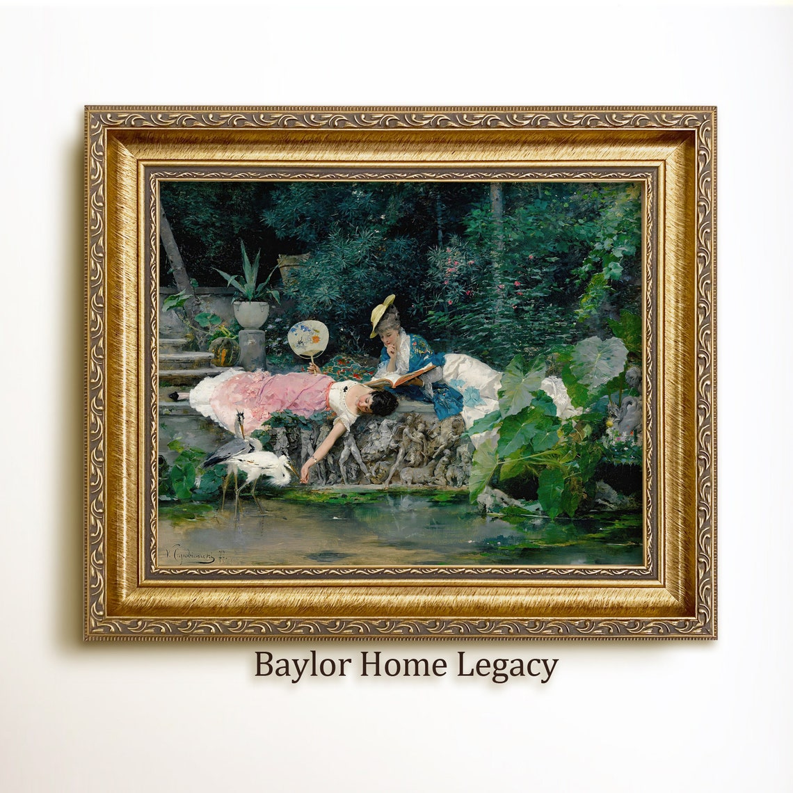 Framed Women Oil Painting Print On Women By Pond With Heron Art Print Of Antique Painting In Wood Frame Victorian Fine Art