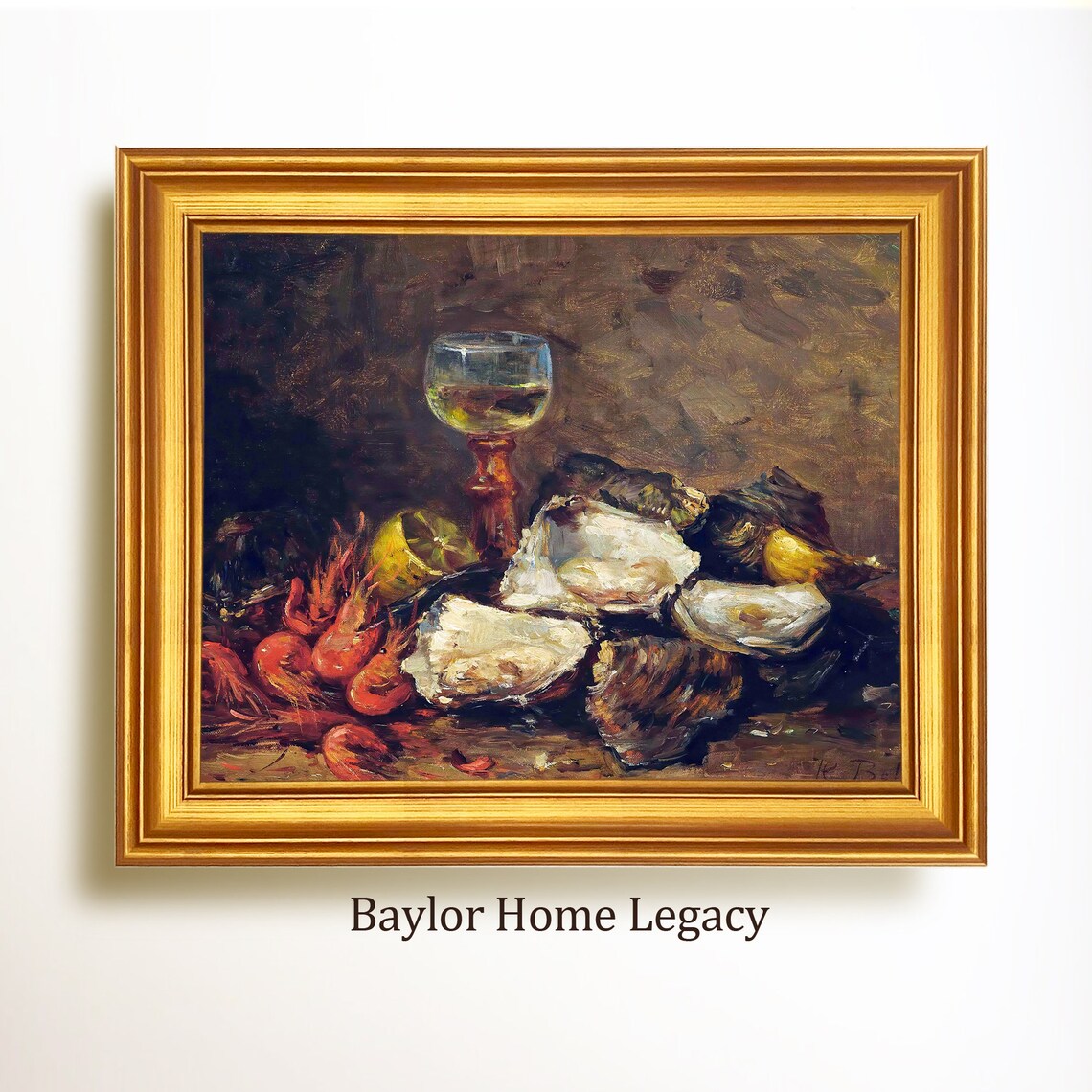 Still Life of Oysters, Prawns and Wine, Vintage Art Print