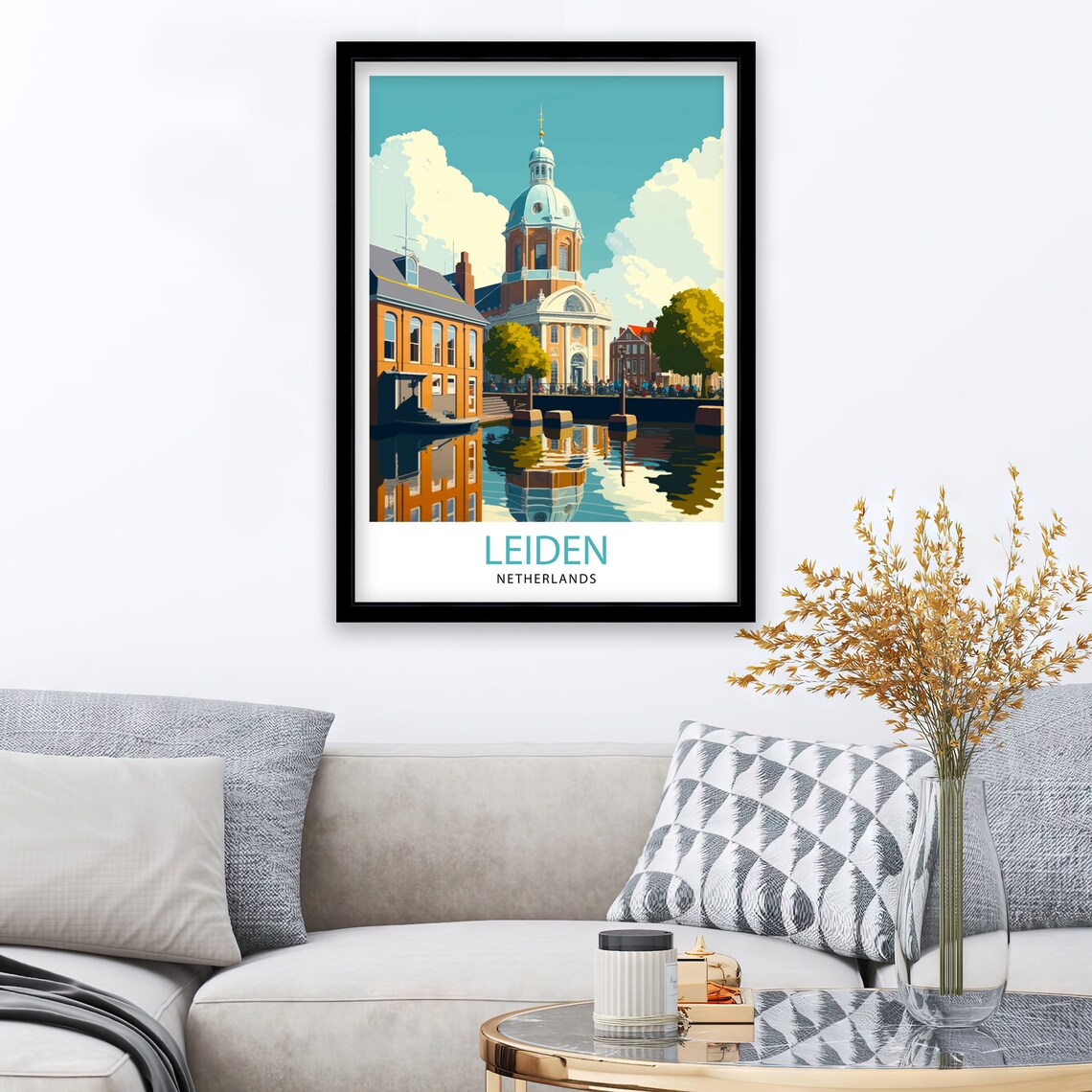 Leiden Netherlands Canal Church Dome Vintage Travel Poster Waterfront - Image 2