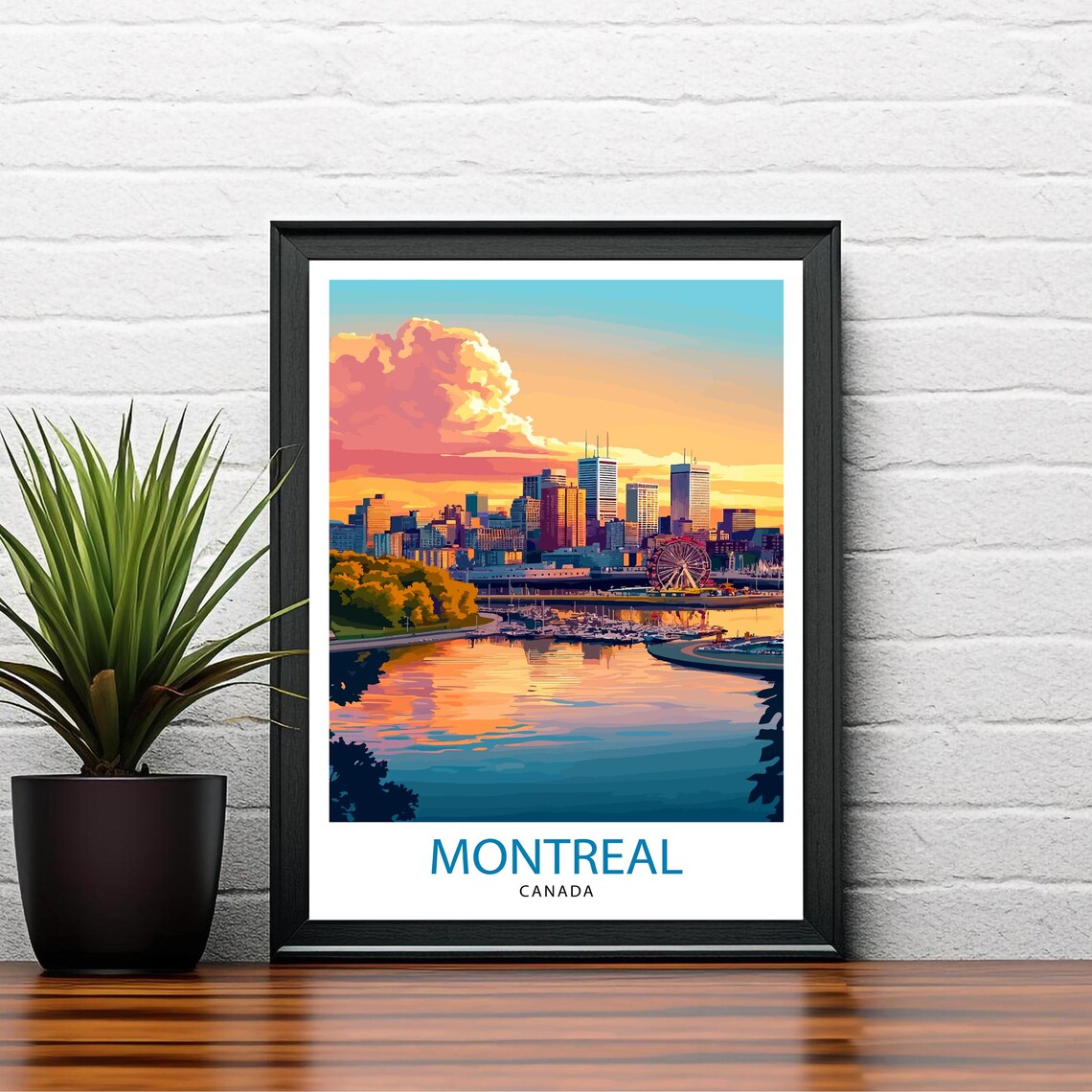 Montreal Canada Sunset Skyline River Illustrated Travel Poster - Image 2