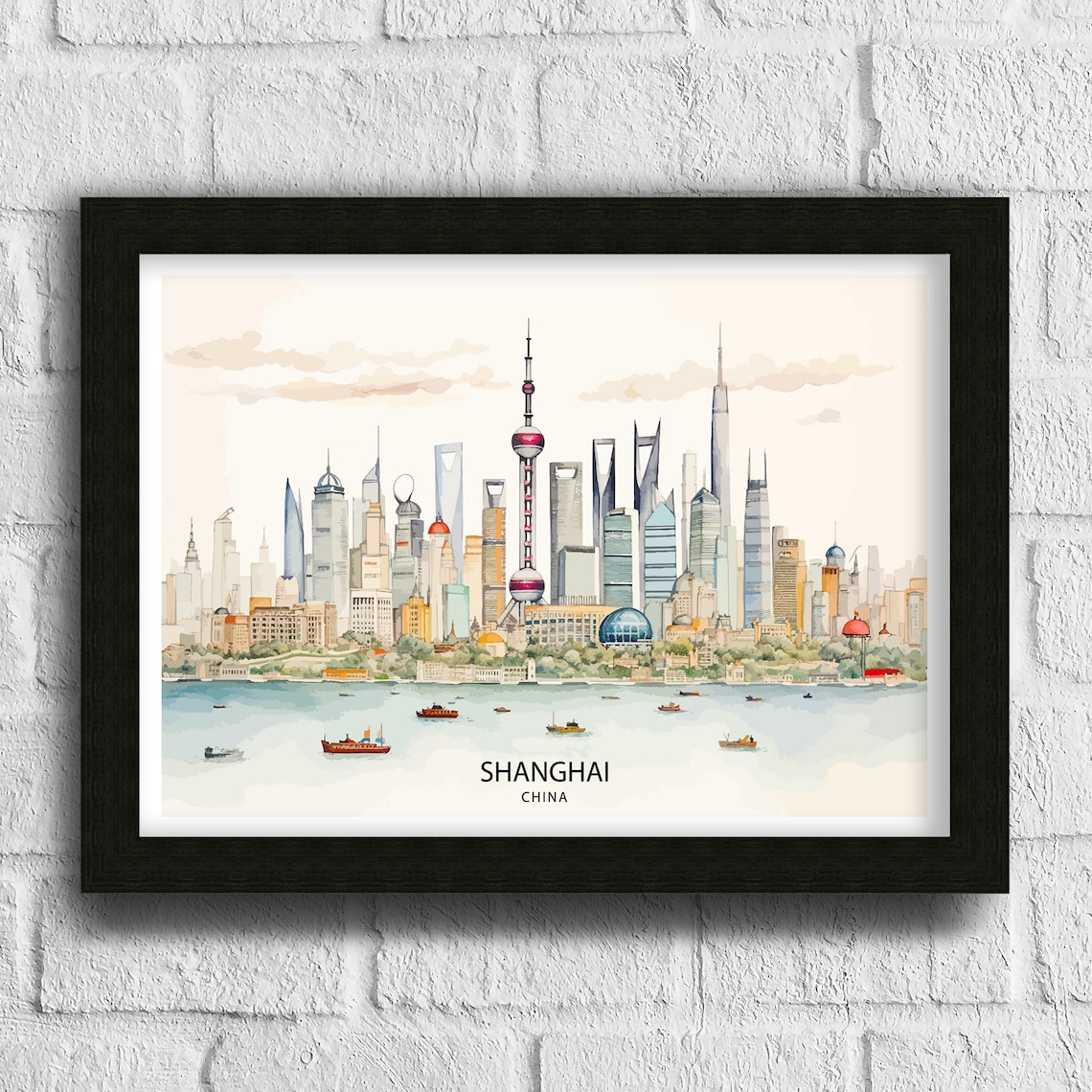 Shanghai China Watercolor Skyline River Bund Boats Cityscape Poster - Image 3