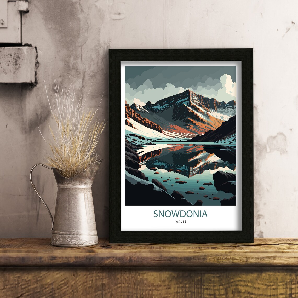 Snowdonia Wales Mountain Peak Lake Reflection Moody Art Poster - Image 3