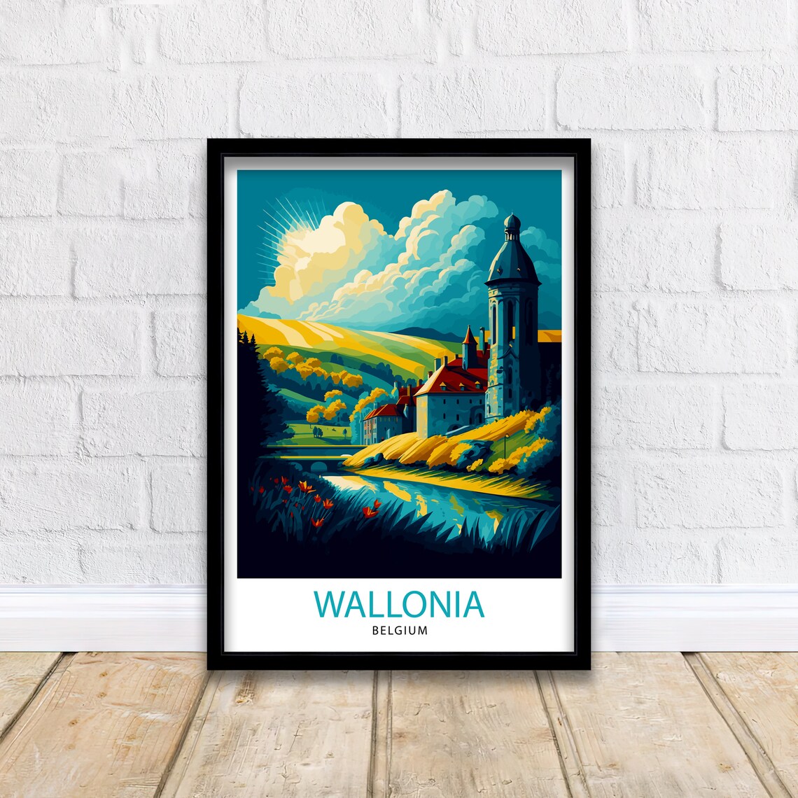 Wallonia Belgium Riverside Village Church Tower Golden Art Poster - Image 2
