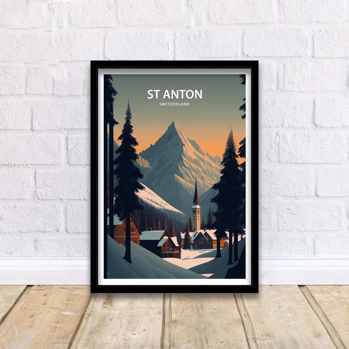 St Anton Switzerland Alpine Village Dusk Mountain Travel Poster - Image 2