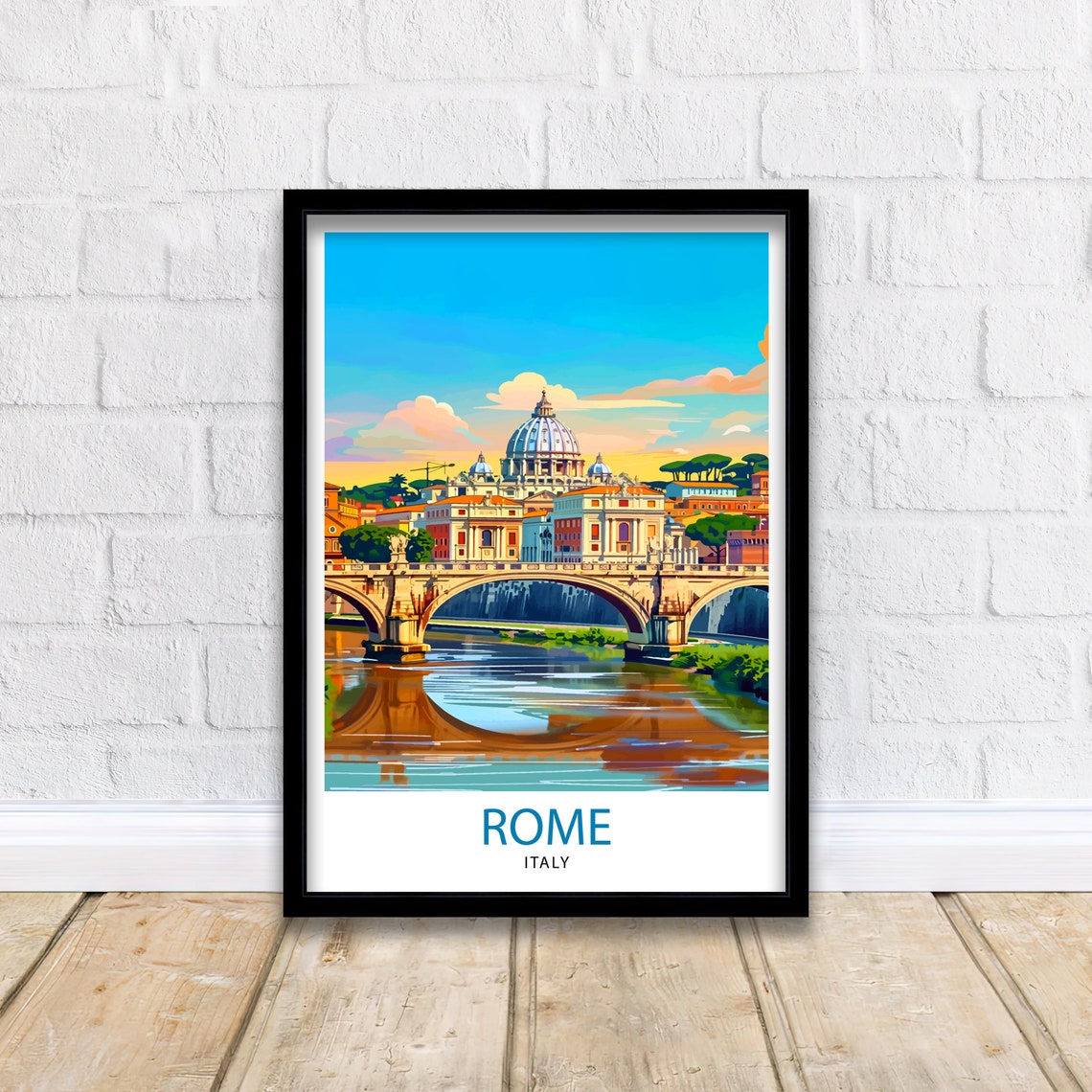 Rome Italy St Peters Basilica Tiber Bridge Sunset Travel Poster