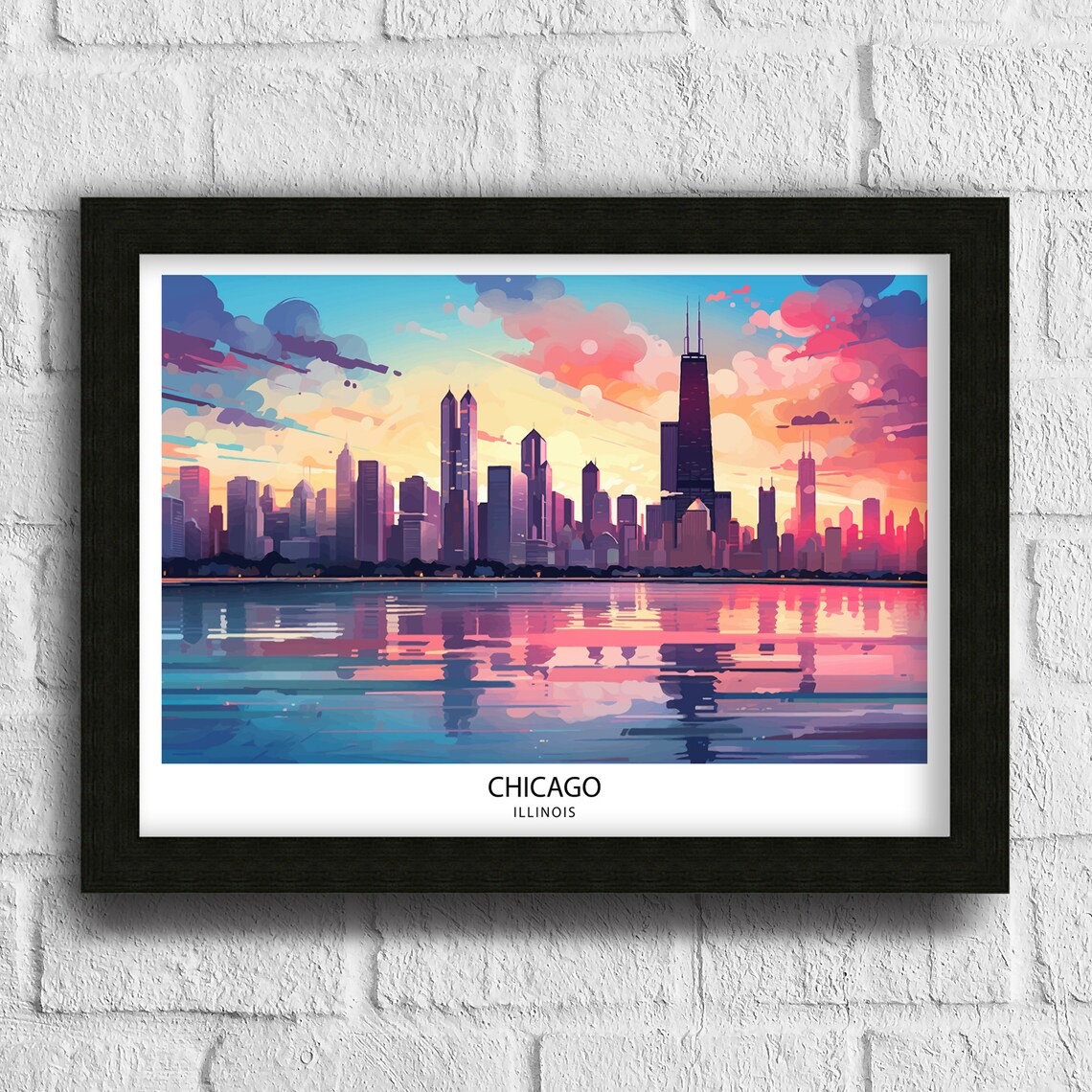 Chicago Illinois Skyline Sunset Lake Michigan Vintage Travel Poster - Image 3