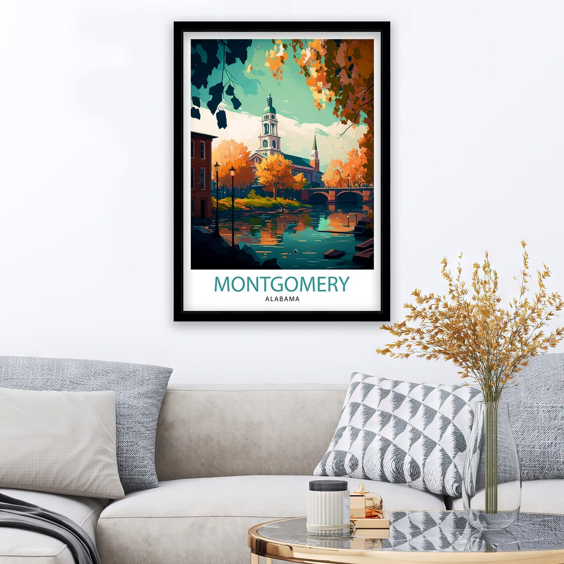 Montgomery Alabama Autumn River Church Tower Vintage Travel Poster - Image 2