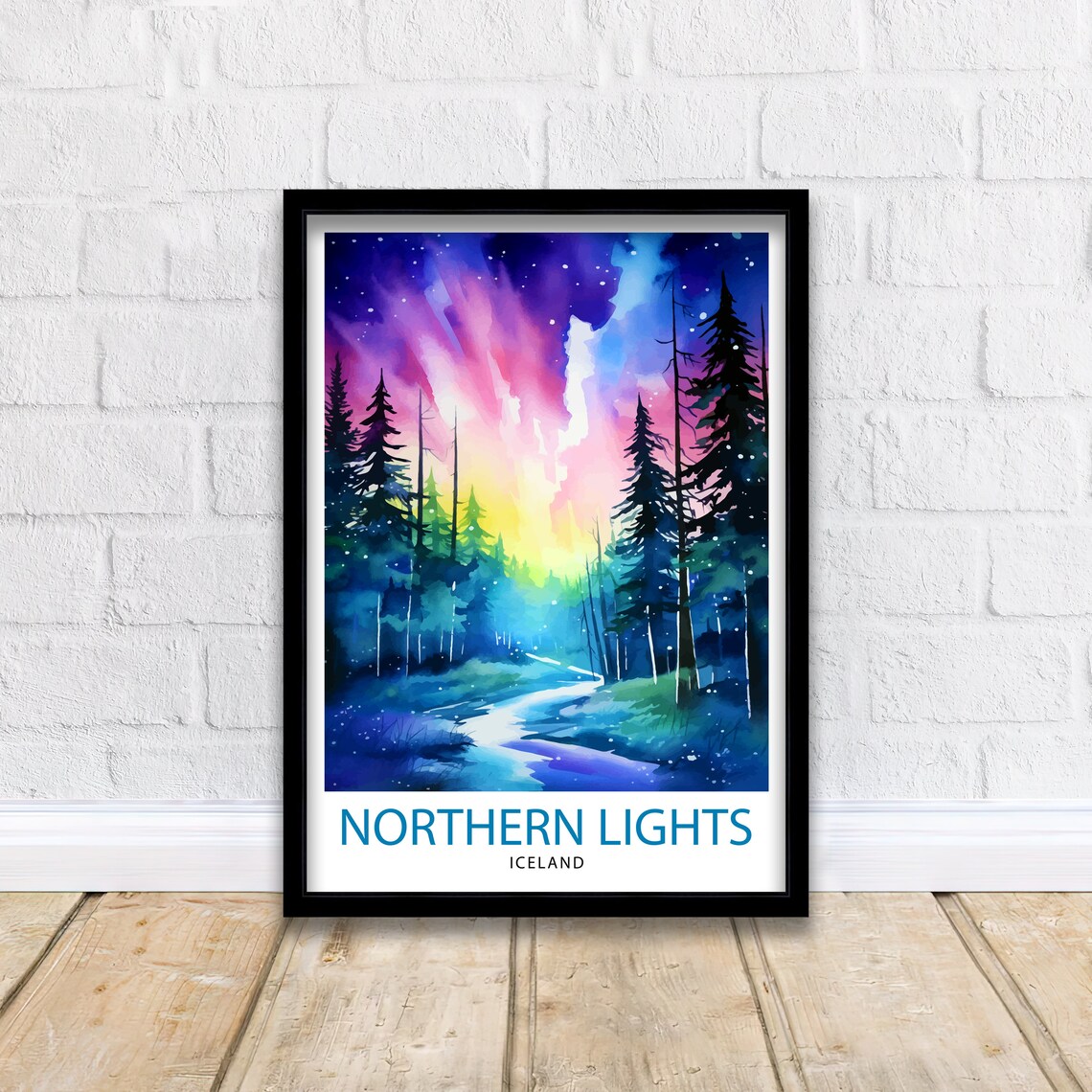 Northern Lights Iceland Aurora Forest Stars Watercolor Travel Poster - Image 2