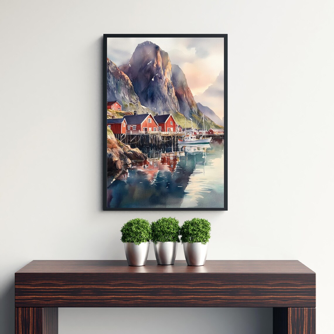 Lofoten Islands Watercolor Norway Red Fishing Cabins Harbor Poster