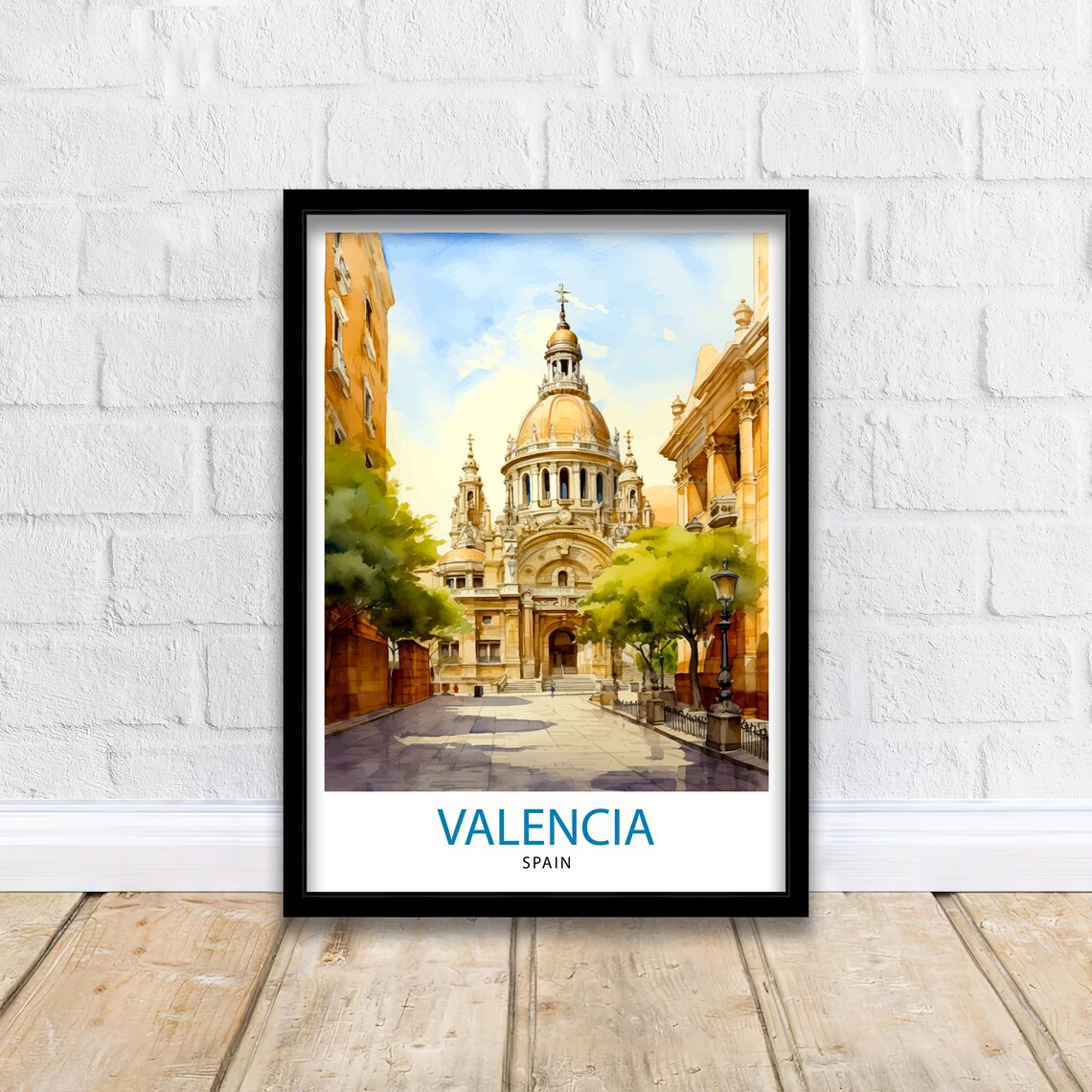 Valencia Spain Historic Cathedral Plaza Watercolor Travel Poster - Image 2