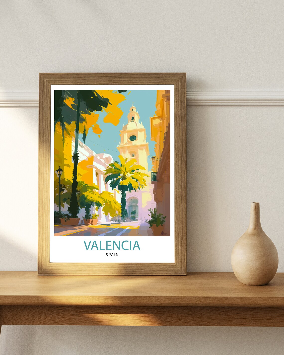 Valencia Spain Sunlit Street Palm Trees Bell Tower Travel Poster - Image 3