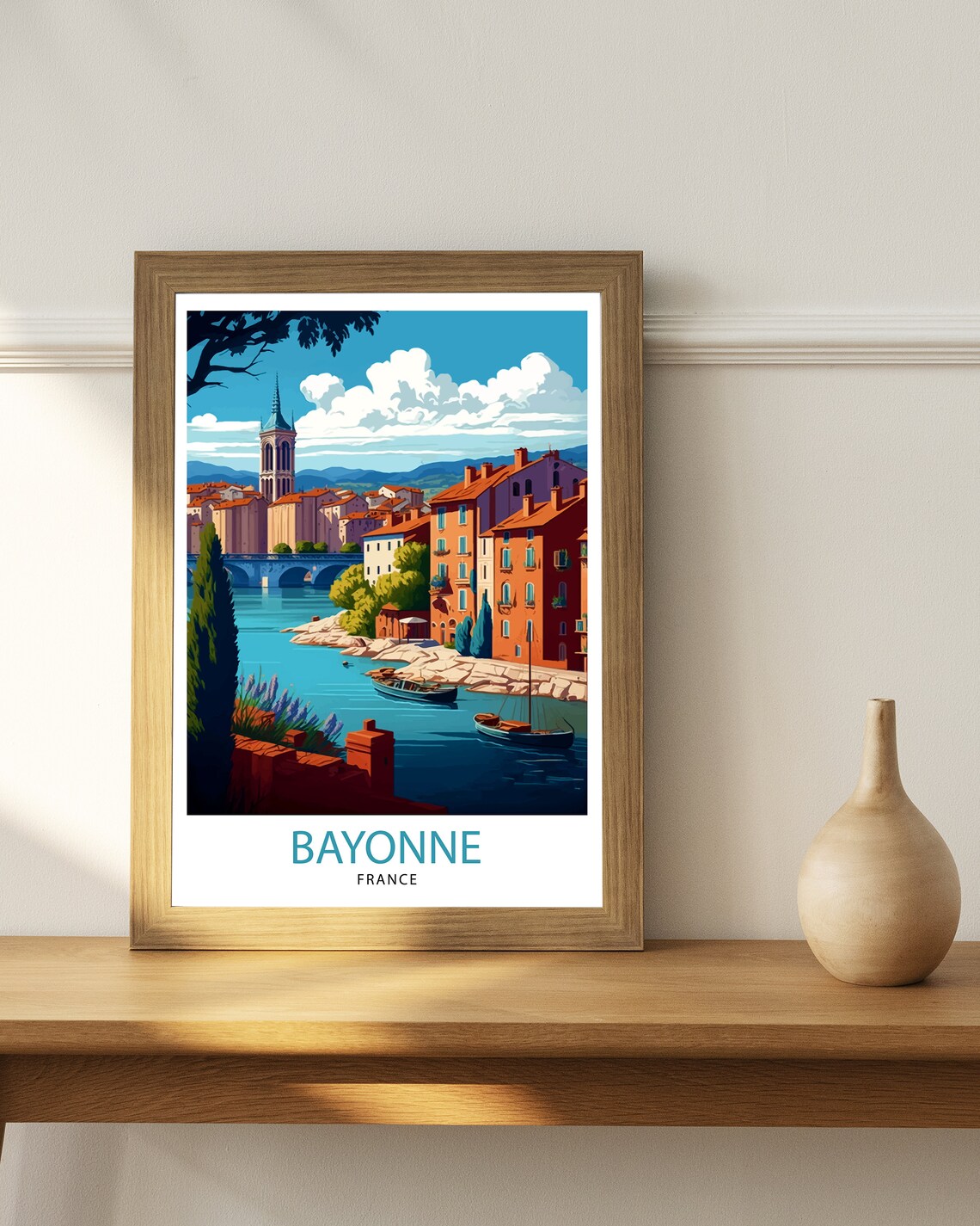 Bayonne France Riverside Old Town Riverboat Art Travel Poster - Image 3