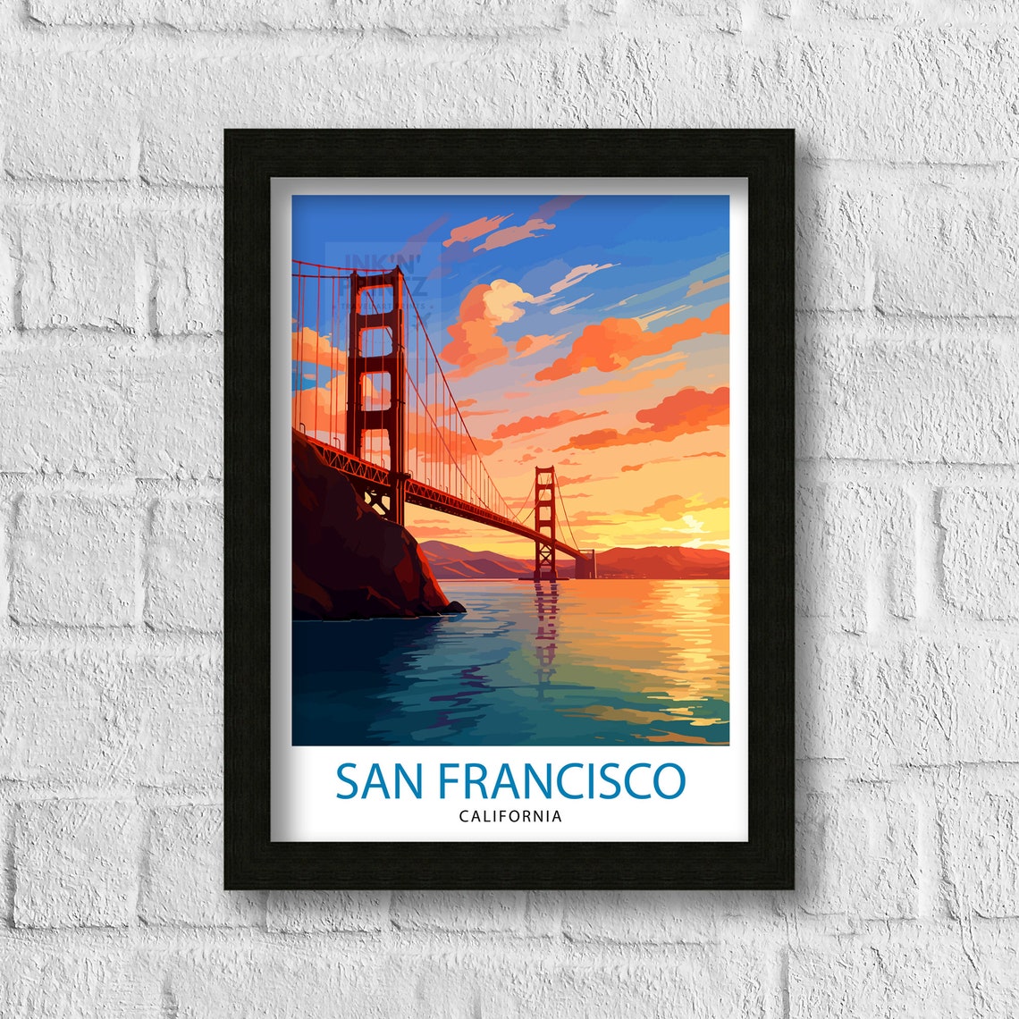 San Francisco Golden Gate Bridge Sunset Watercolor Travel Poster - Image 3