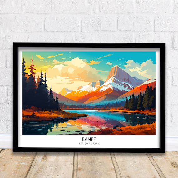 Banff National Park Snowy Peaks Mirror Lake Sunset Vintage Travel Poster