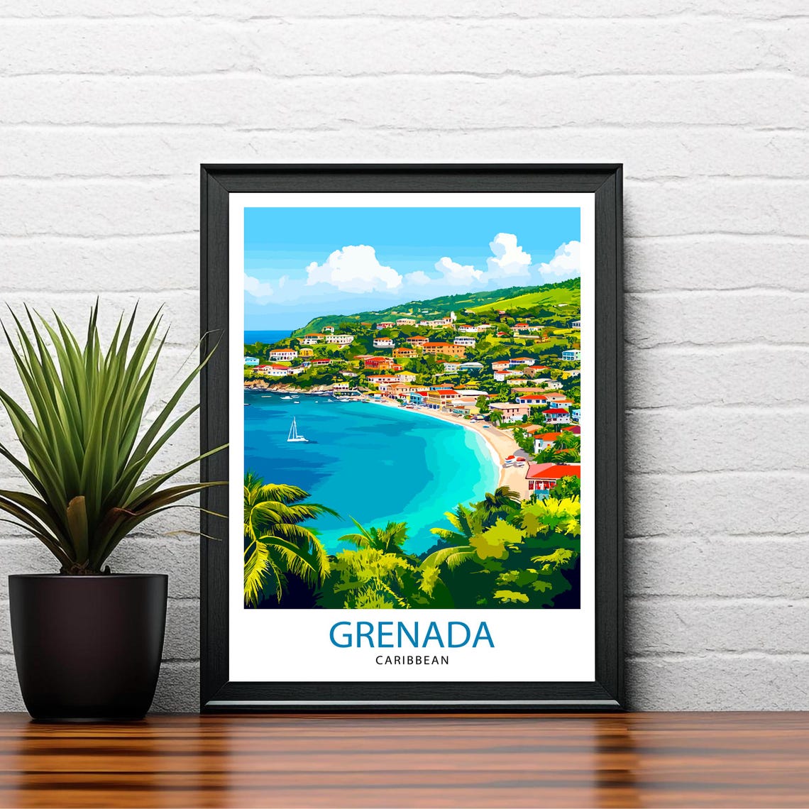 Grenada Caribbean Island Bay Town Sailboat Tropical Travel Poster - Image 2