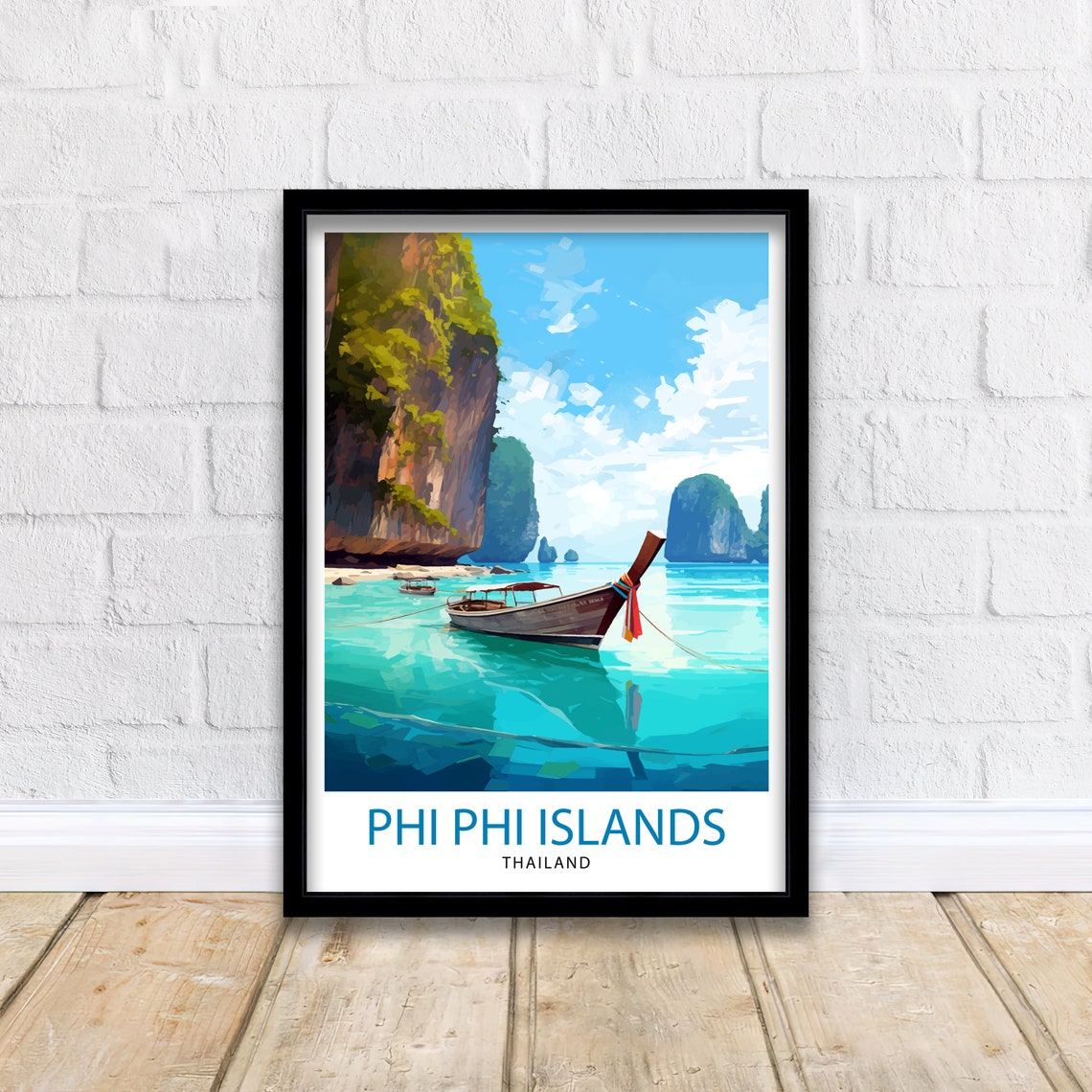 Phi Phi Islands Thailand Longtail Boat Karst Cliffs Travel Poster - Image 2