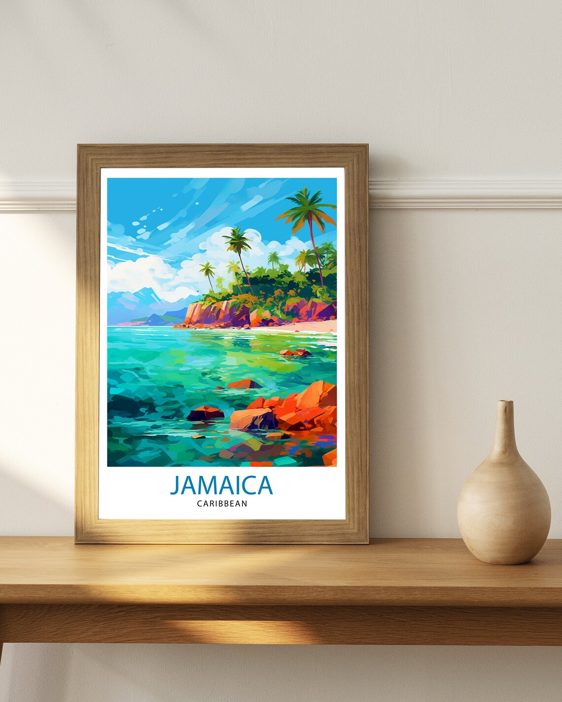 Jamaica Caribbean Turquoise Rocky Coast Palm Trees Travel Art Poster - Image 3