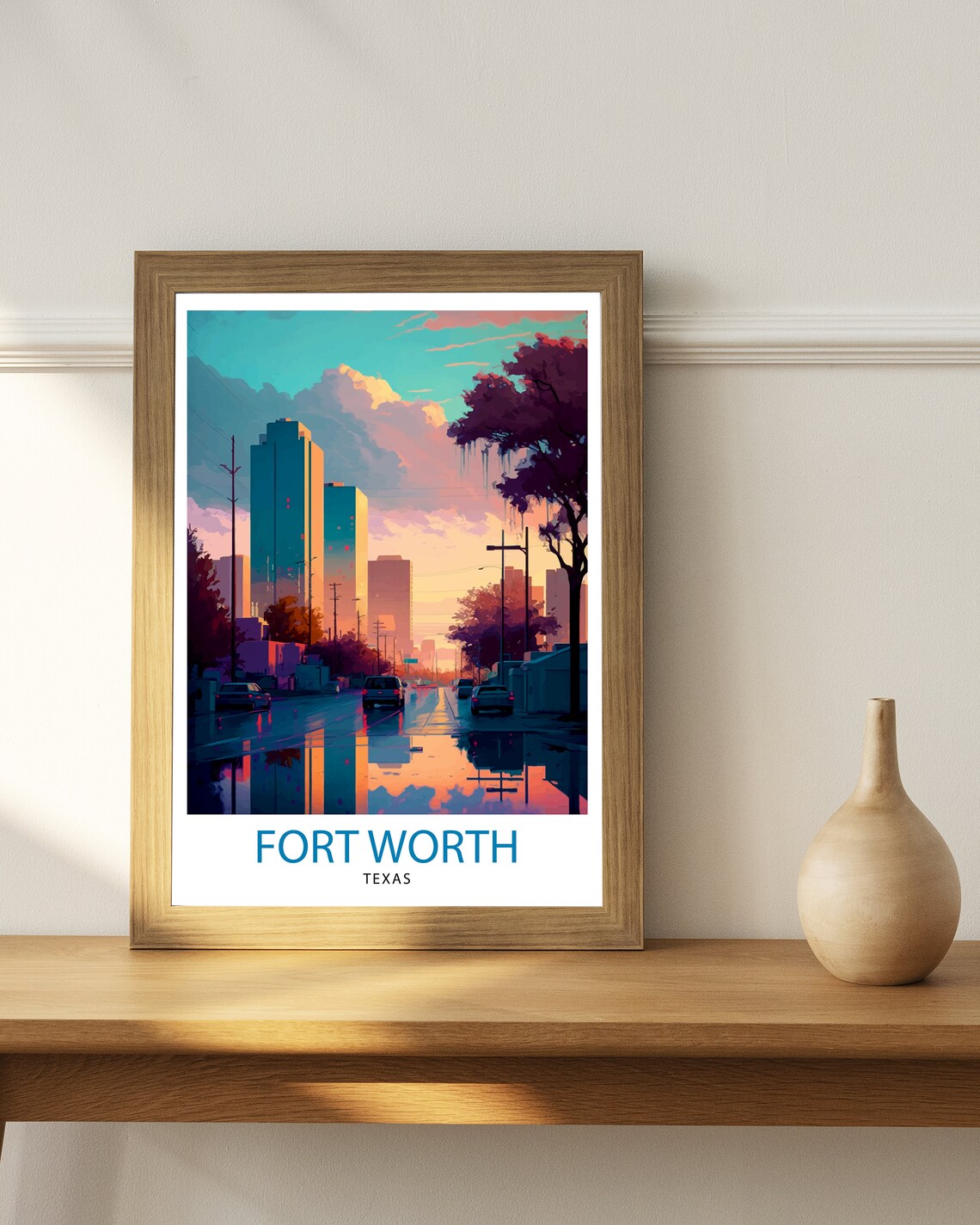Fort Worth Texas Downtown Sunset Street Skyline Travel Poster - Image 2