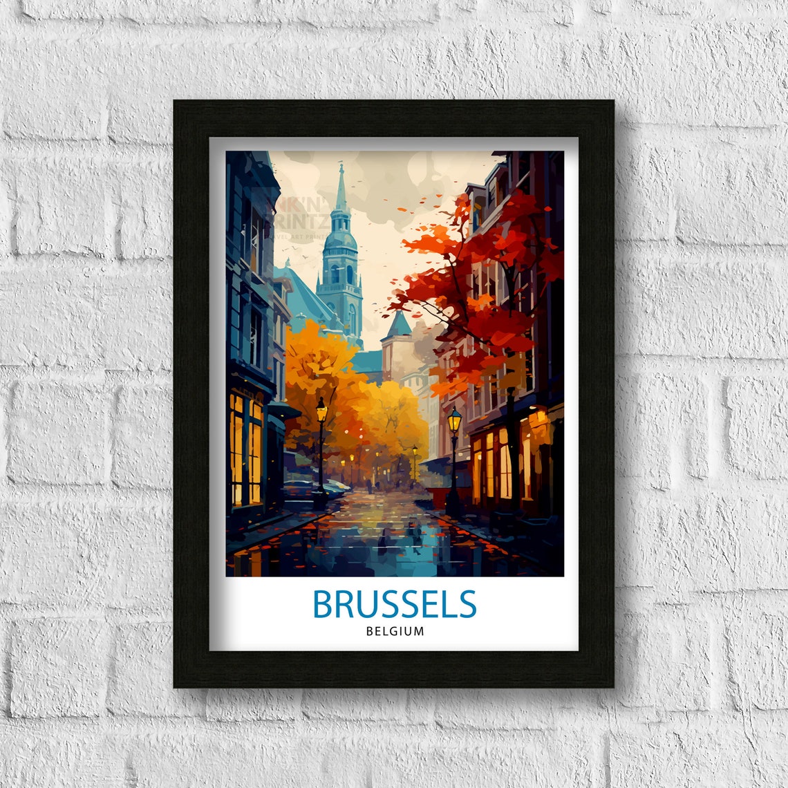 Brussels Belgium Historic City Autumn Rain Old Town Scene Poster - Image 3