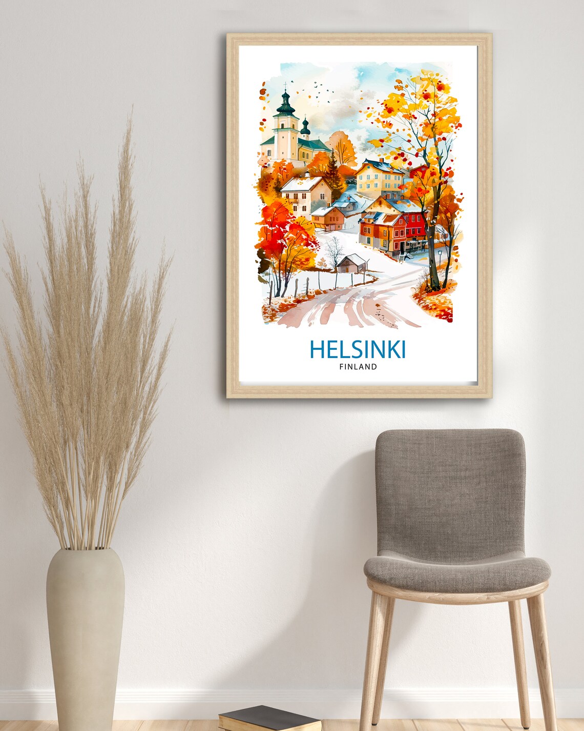 Helsinki Finland Winter Village Church Watercolor Travel Poster - Image 3
