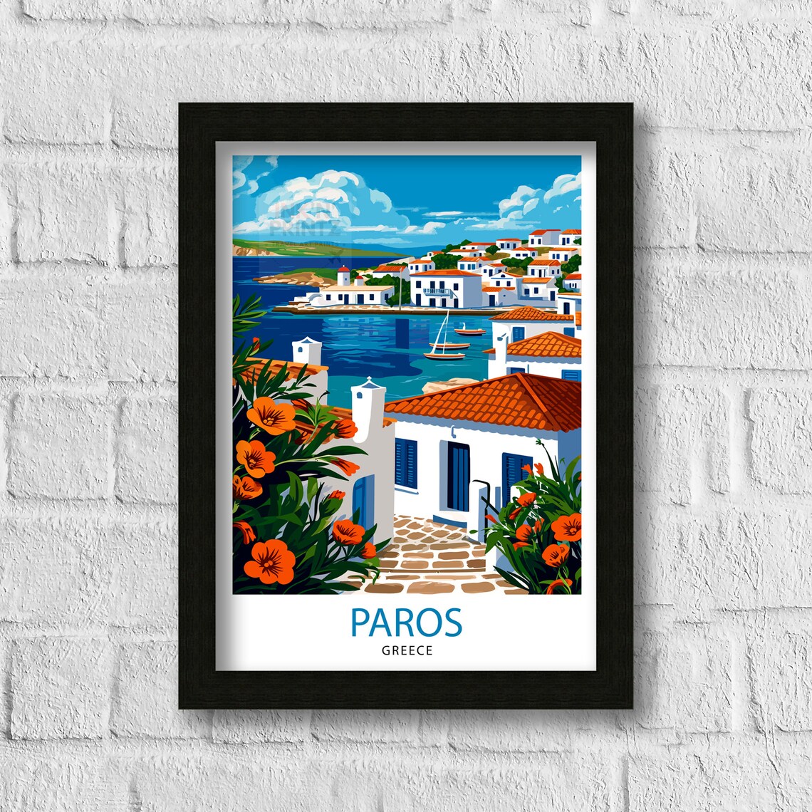 Paros Greece Cycladic Village Harbor Flowers View Travel Poster - Image 3