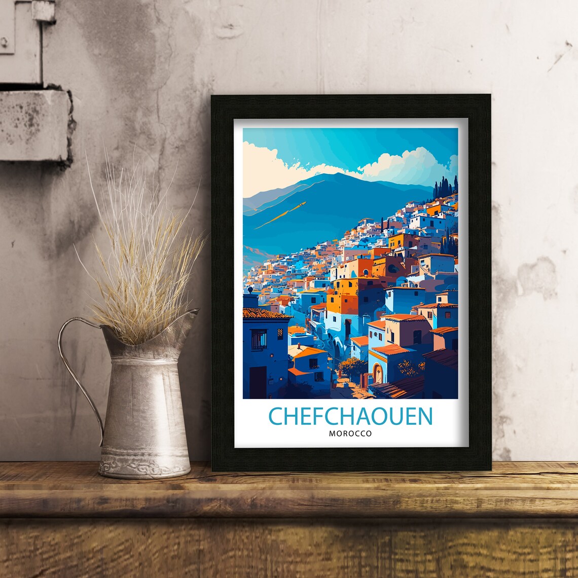 Beautiful Chefchaouen Morocco Blue City Hillside Travel Poster - Image 2