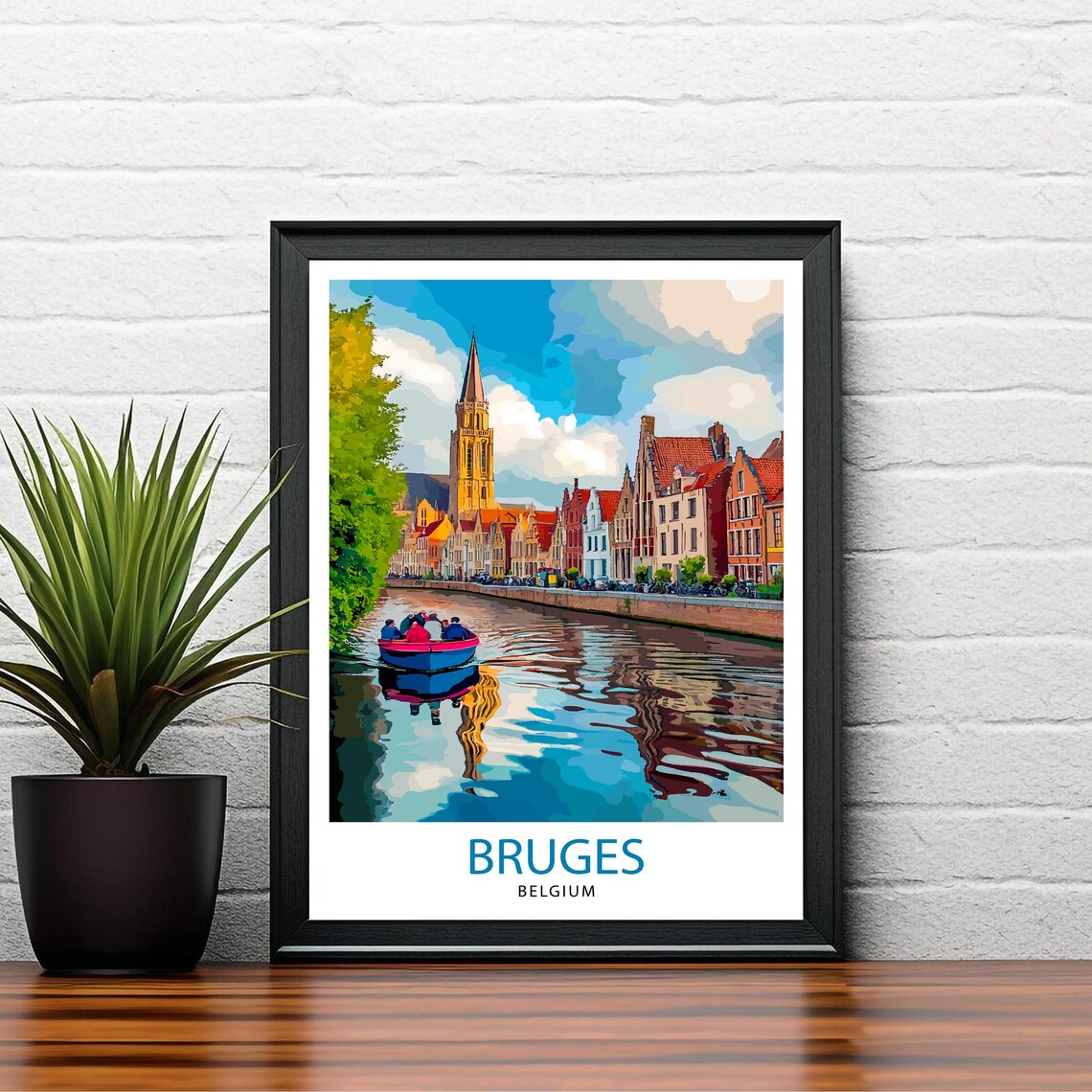 Bruges Belgium Canal Boat Church Tower Old Town Travel Poster - Image 2