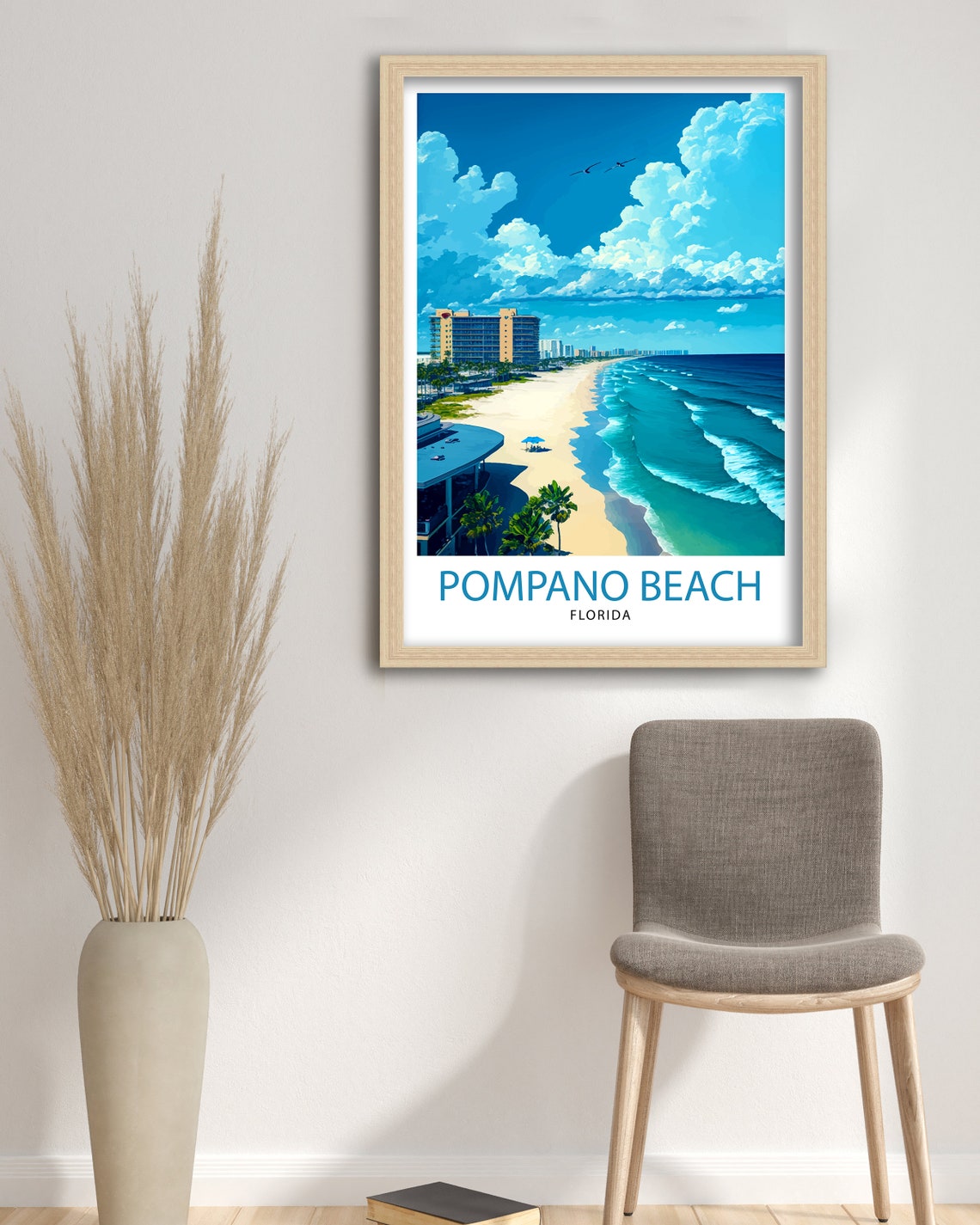 Pompano Beach Florida Palm Lined Shore Blue Sky Travel Poster - Image 3