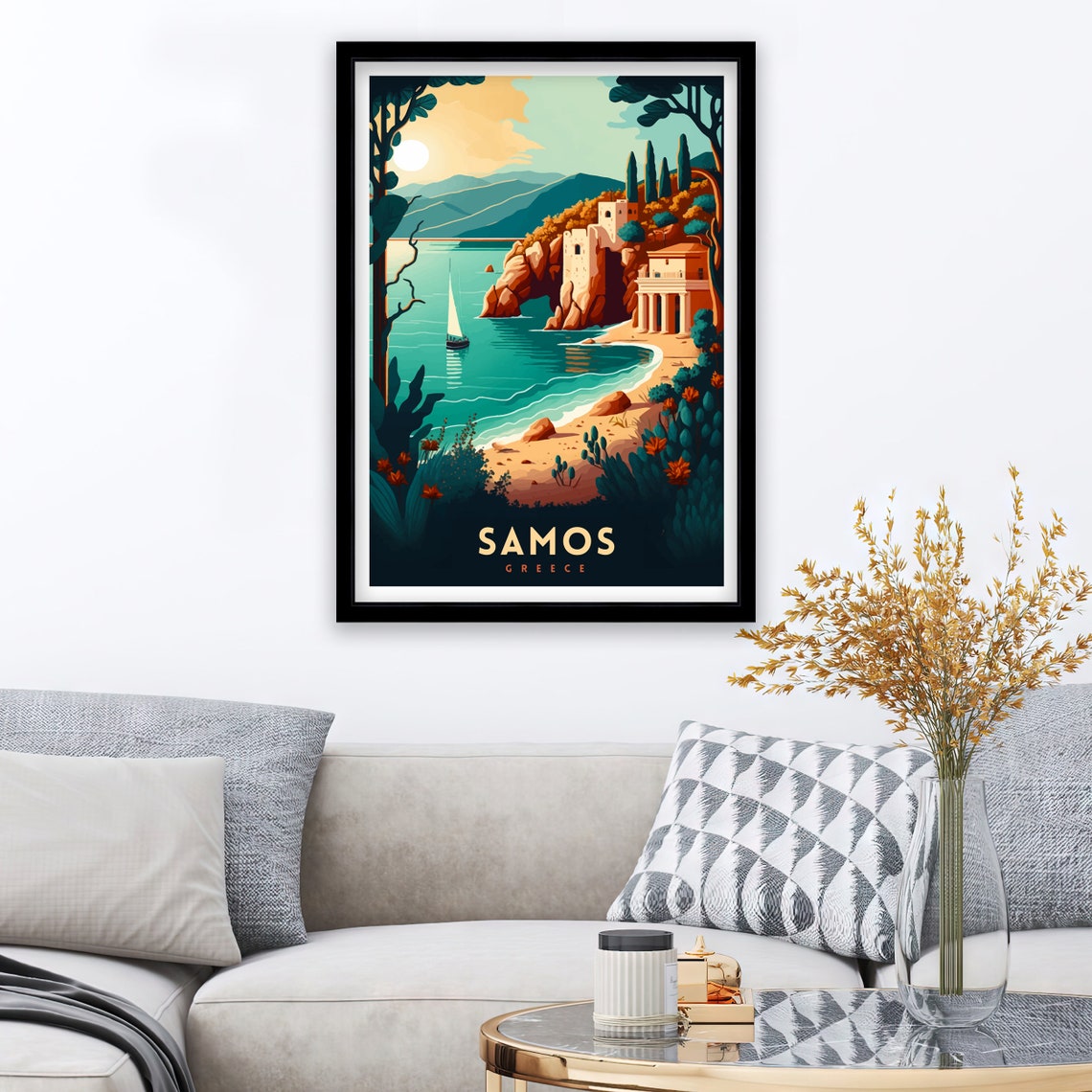 Samos Greece Vintage Travel Illustration Sunset Coast Poster - Image 2
