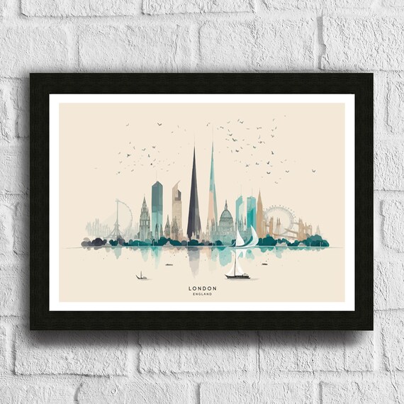 London England Minimalist Watercolor Skyline Thames River Wide Poster