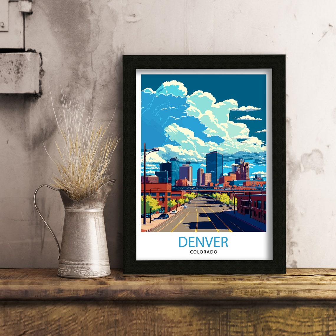 Denver Colorado Downtown Skyline City Street Big Clouds Travel Poster - Image 3