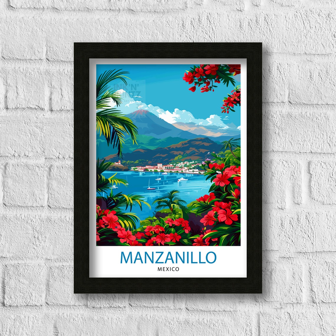 Manzanillo Mexico Tropical Bay Framed by Bright Red Flowers Poster - Image 3