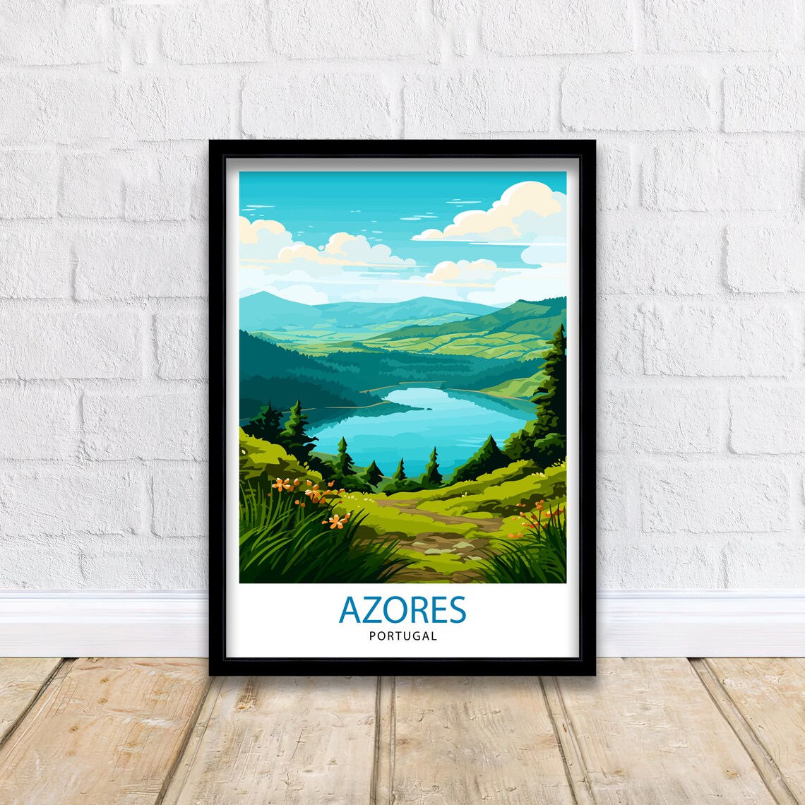 Azores Portugal Green Volcanic Lake Wildflowers Valley Scenic Poster - Image 2