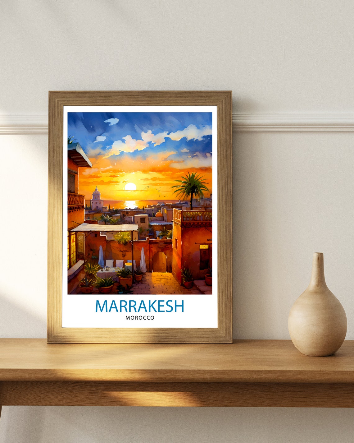 Marrakesh Morocco Rooftop Terrace Sunset Watercolor Travel Poster - Image 2
