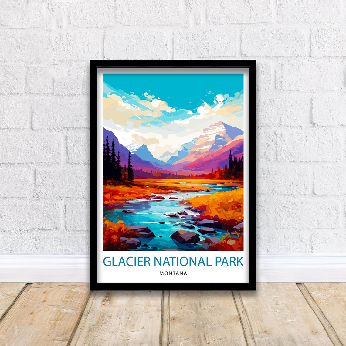 Glacier National Park Montana Colorful Valley Stream Travel Poster - Image 2