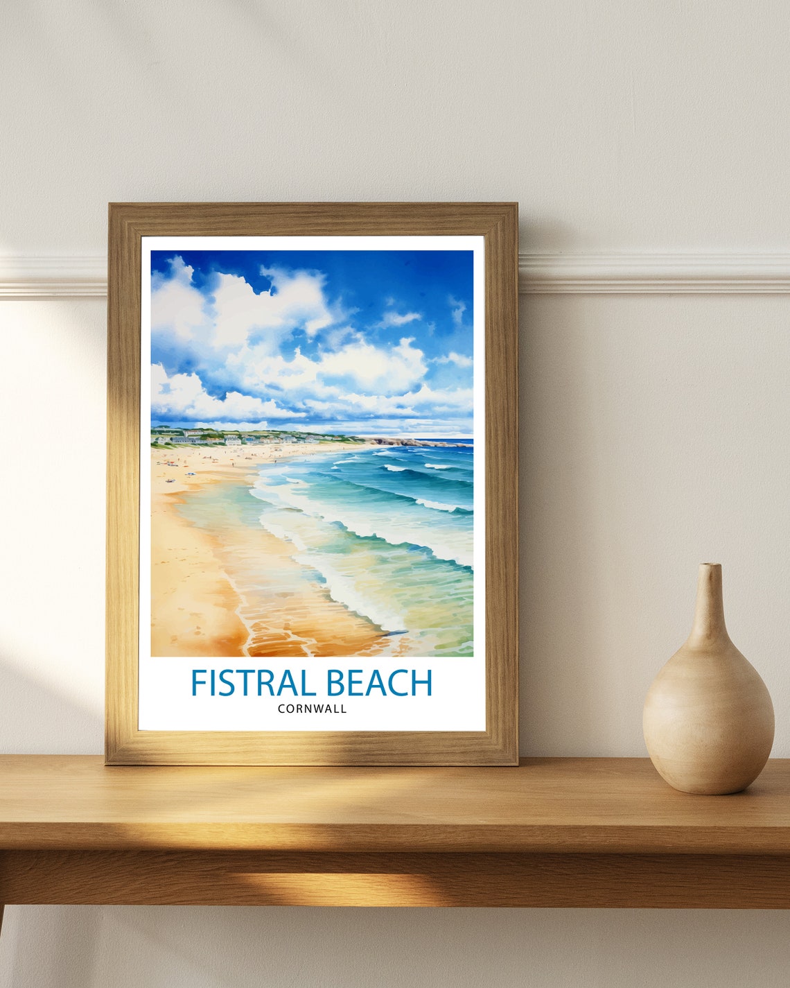 Fistral Beach Cornwall Turquoise Surf Waves Watercolor Poster - Image 3