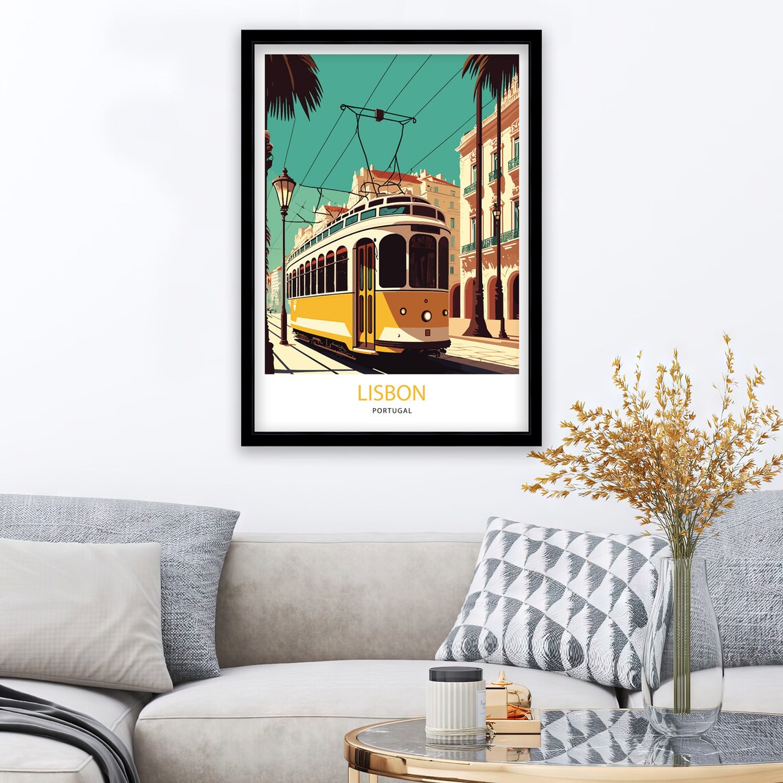 Lisbon Portugal Iconic Yellow Tram Street Scene Vintage Travel Poster - Image 2